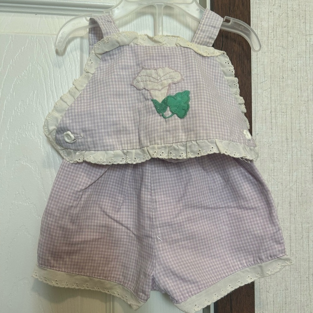 Purple Gingham Two-Piece Baby Romper with Floral Embroidery
